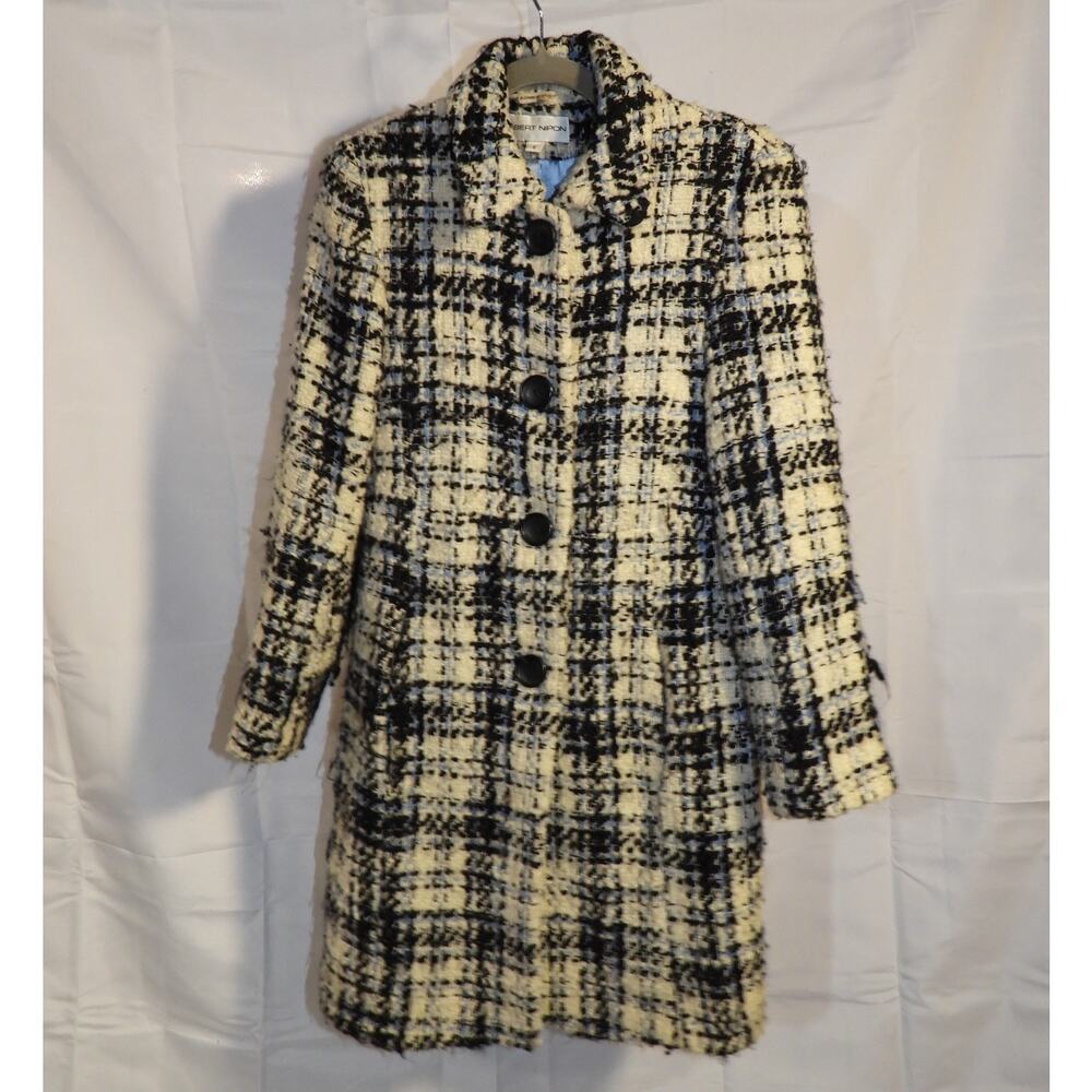 Vintage 1980s Albert Nipon Long Coat Boucle Tweed Black & White Trench Peacoat